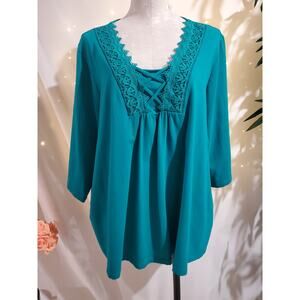 Catherines Scalloped Lace Up 3/4 Sleeve Stretch Cotton Top Size 2XWP Teal Blue